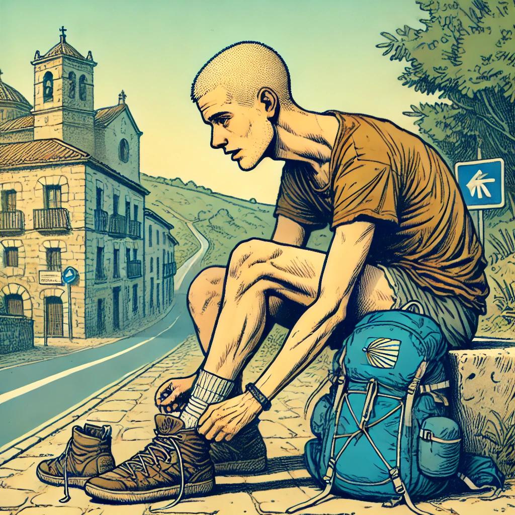 le départ sur le chemin de compostelle, lacer ses chaussures