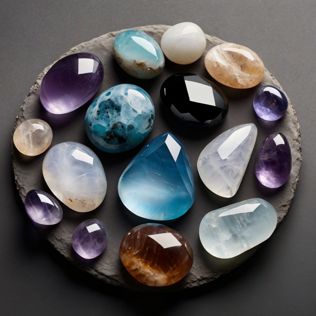 un ensemble de pierres pour hamroniser les chakras, quartz rose, chrysoprase, morganite, améthytse, topaze bleue, turuqoise