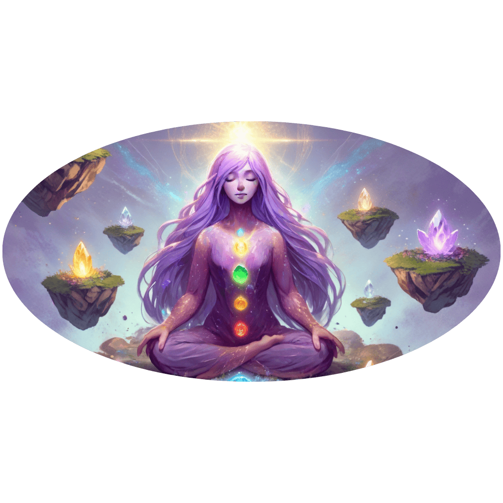 amthys, l'avatar intuitif inspiré de l'améthyste médite avec des pierres