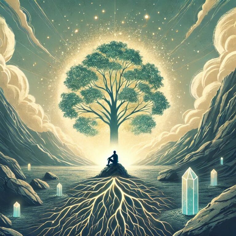 l'arbre interconnecté avec le vivant, plongeant ces racines dans la roche et les minéraux ouvrant sa cime au ciel