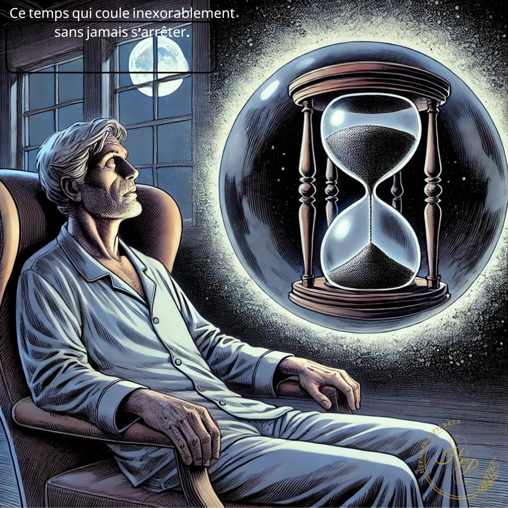 la boule noire de l'angoisse se transforme en sablier, métaphore du temps qui passe