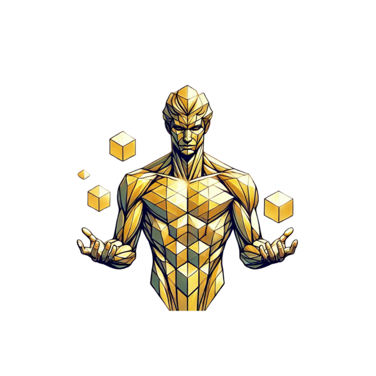 cubs, un avatar style bd, inspiré du minéral pyrite, il est doré anguleux, analytique et sceptique, il jongle avec des cube dorés