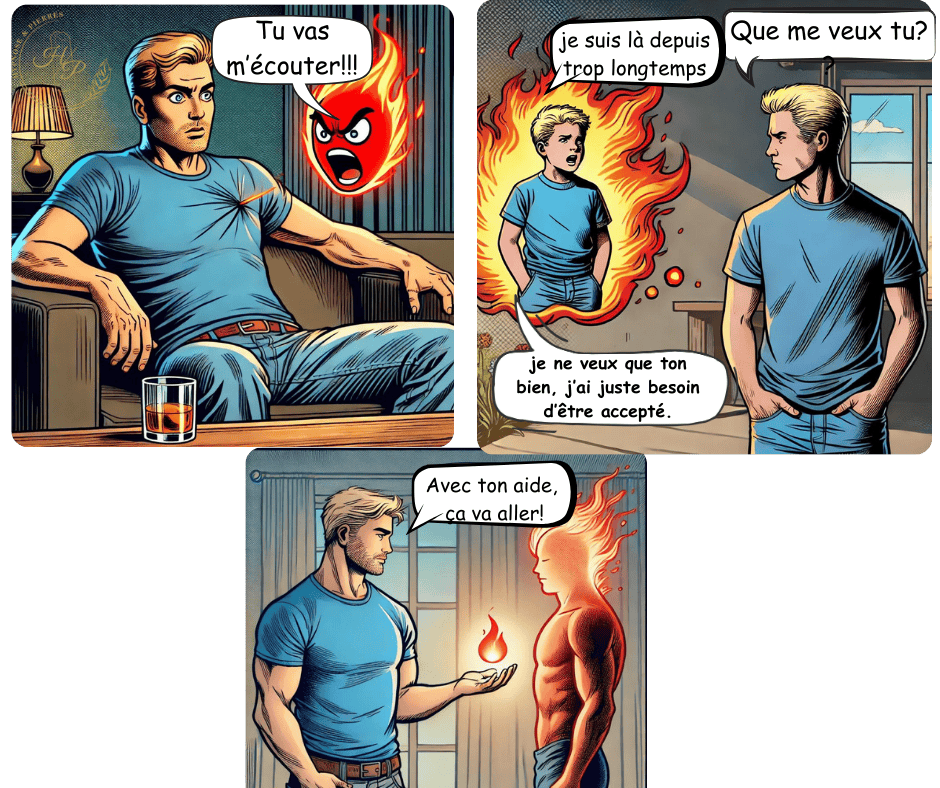 une mini bd ou un homme discute avec sa colère symbolisée par une flamme.