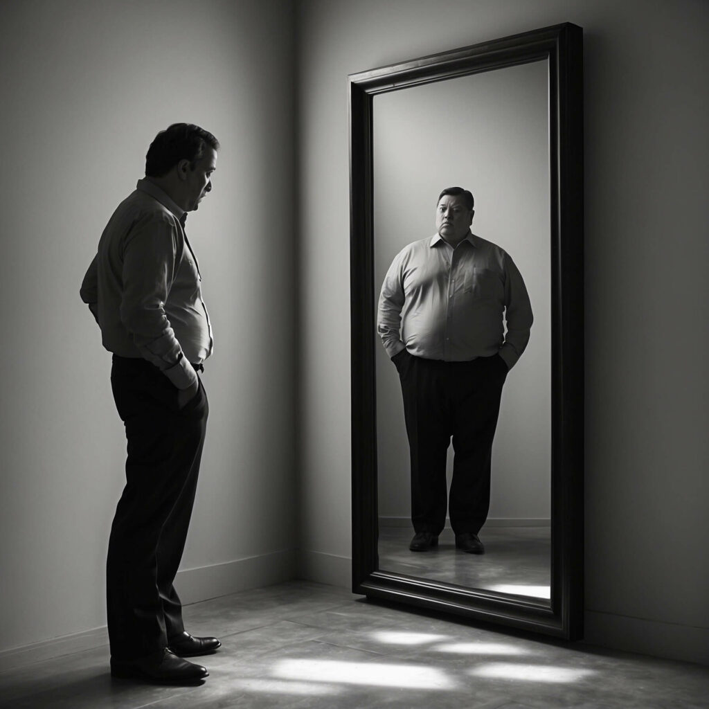 un homme se regarde dans un miroir et vois son corps qui est devenu gros