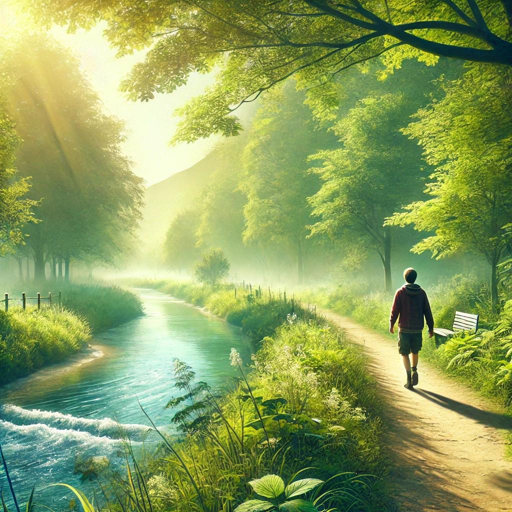 un homme marche la long d'une riviere en pleine nature pour apaiser son anxiété