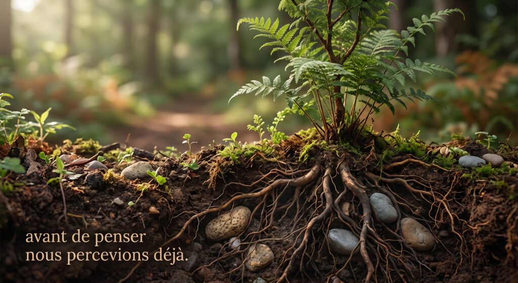 une image qui montre des racines d'une jeune plante qui grandit; symbolisant l'idée que la pensée nait des perceptions.