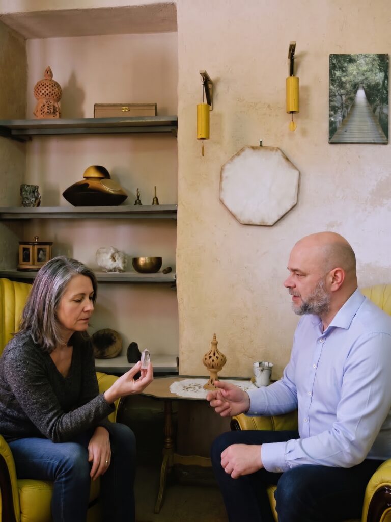 la photo d'une séance d'hypnose avec une pierrenaturelle, guidée par Sébastien Lanotte dans son cabinet chez racinesminérales à Etival-clairefontaine proche de Saint Dié des Vosges